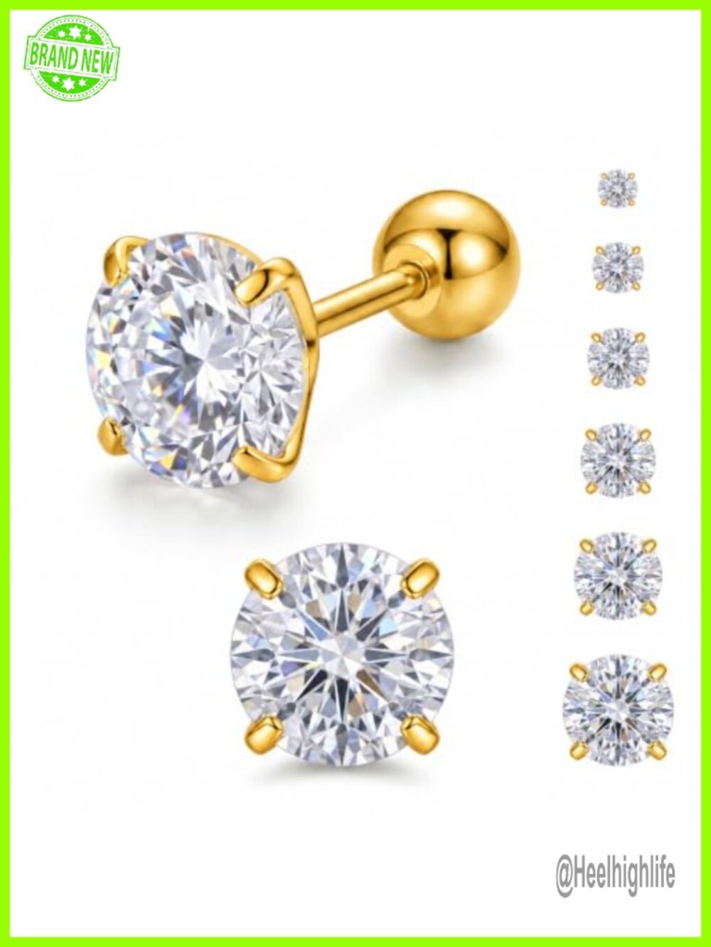 6 Pair Stud Earrings Set Ball Back Stainless Steel CZ 3-8mm